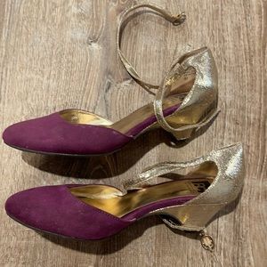 BC ankle strap gold and purple wedges